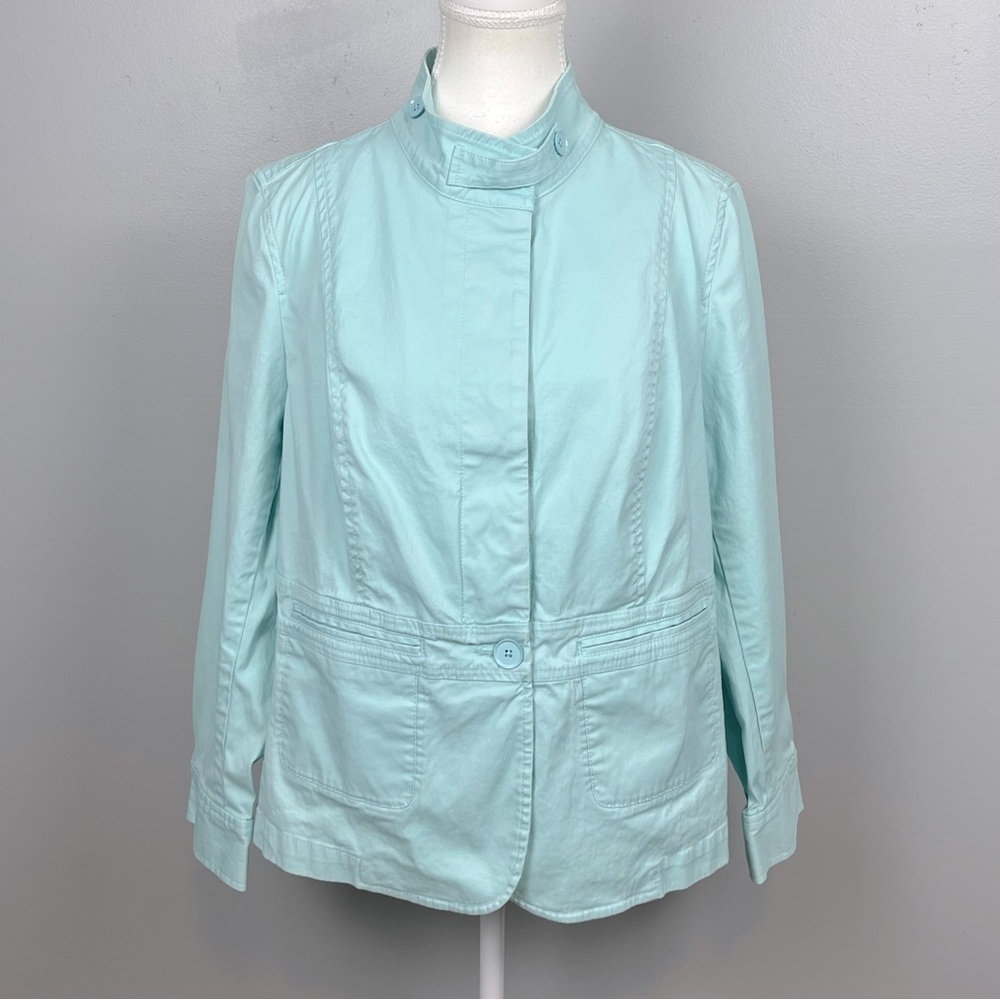 Talbots Petites blue button front cotton jacket, size 14W.